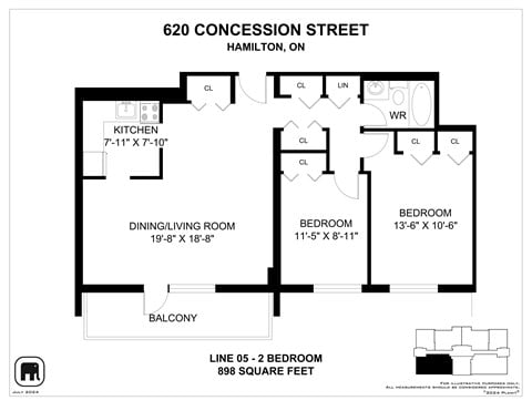 Floor plan for 2 beds, 1 bath, 898 sqft
